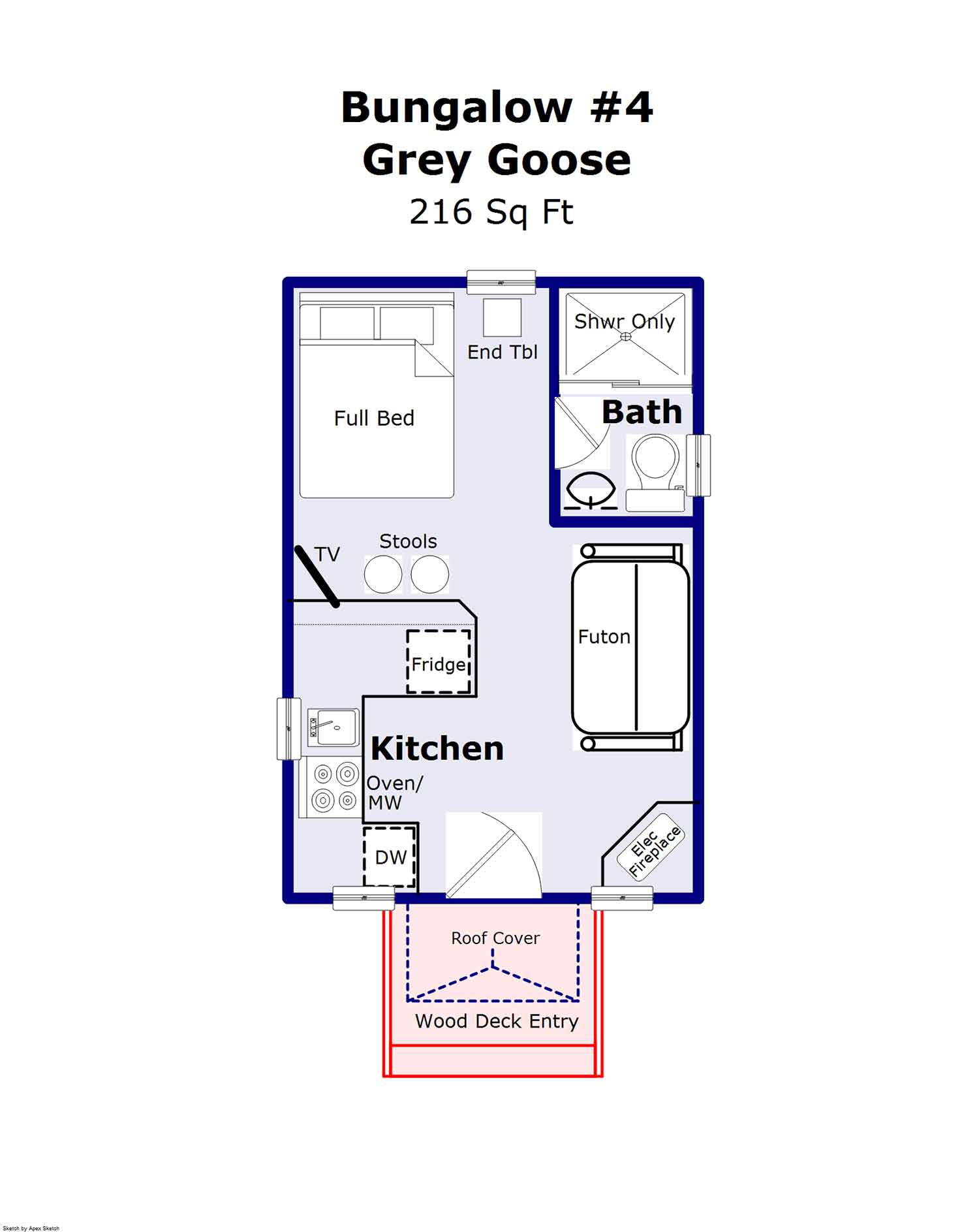 The Sharlie floor plan — 216 sq ft studio